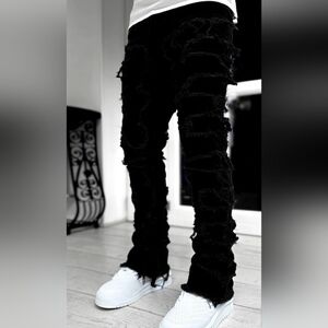 Publik Men's Black Tassel Trim Denim Pants Street Jeans